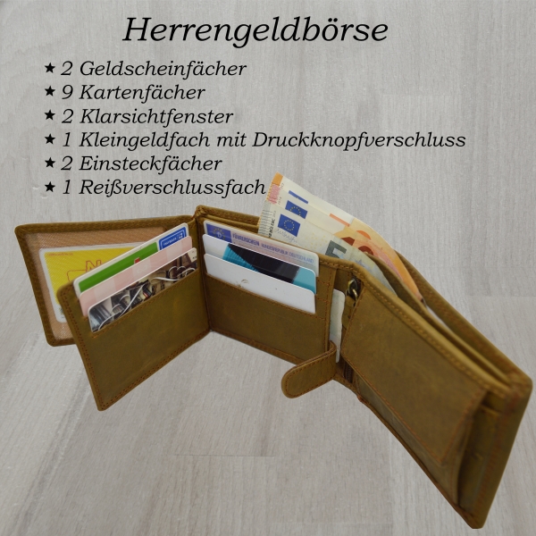 Edle Voll-Leder Herren Geldbörse Brieftasche RFID Schutz Riegelverschluss Querformat (braun)